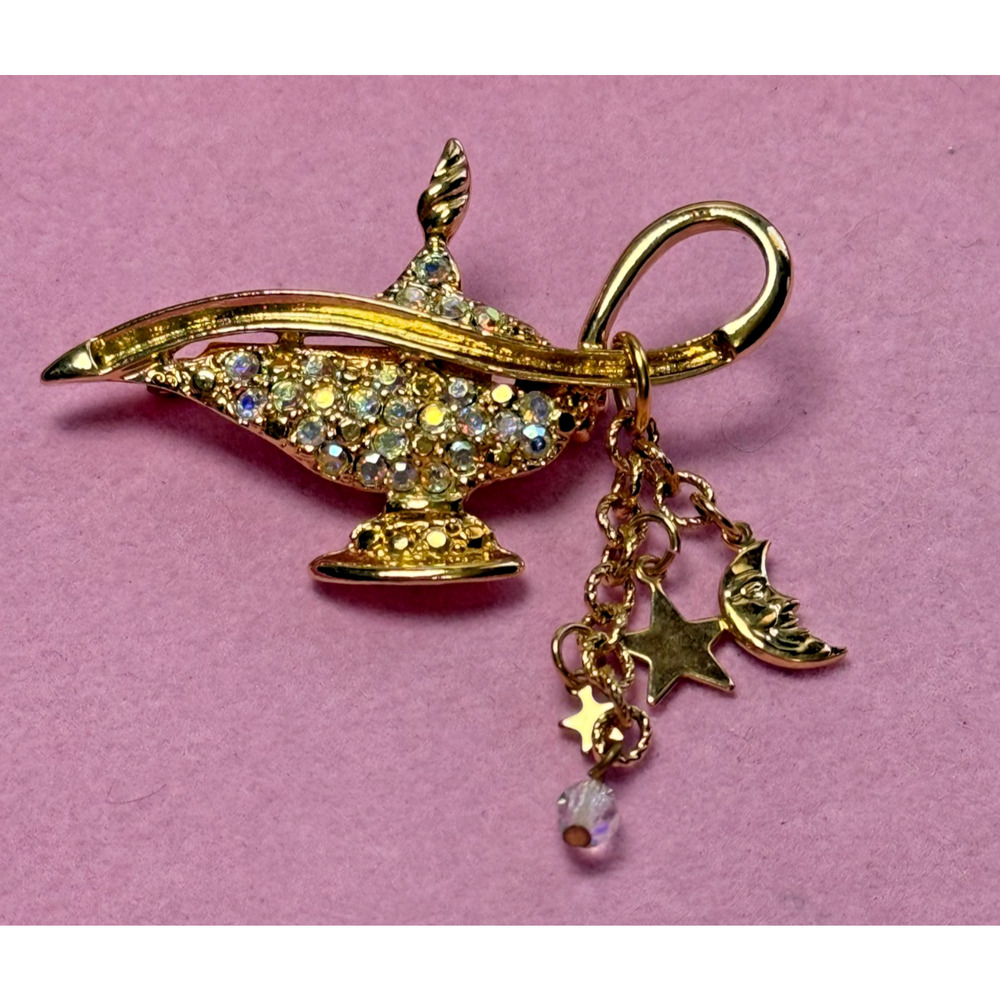 Kirks Folly Aladdin Magic Genie Lamp Brooch Pin AB Rhinestones Celestial Charms